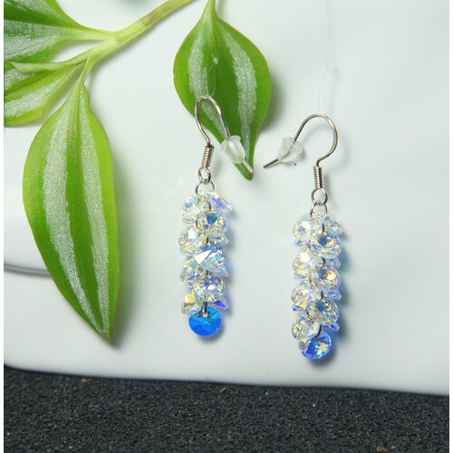Серьги с подвесками  Серьги со стеклярусом грозди кристаллов, стекло, минеральное стекло, размер 45 мм, голубой, золотой