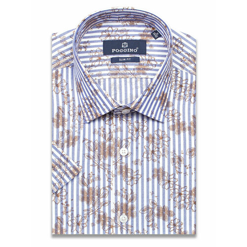 рубашка мужская из ткани оксфорд с коротким рукавом в полоску 100% хлопок Рубашка POGGINO, размер XL (43-44 cm.), синий