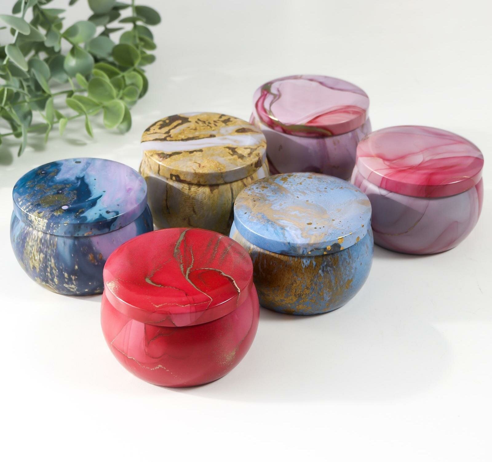 фото Шкатулка металл круглая "Цветной мрамор с золотыми трещинками" микс 5х7х7 см