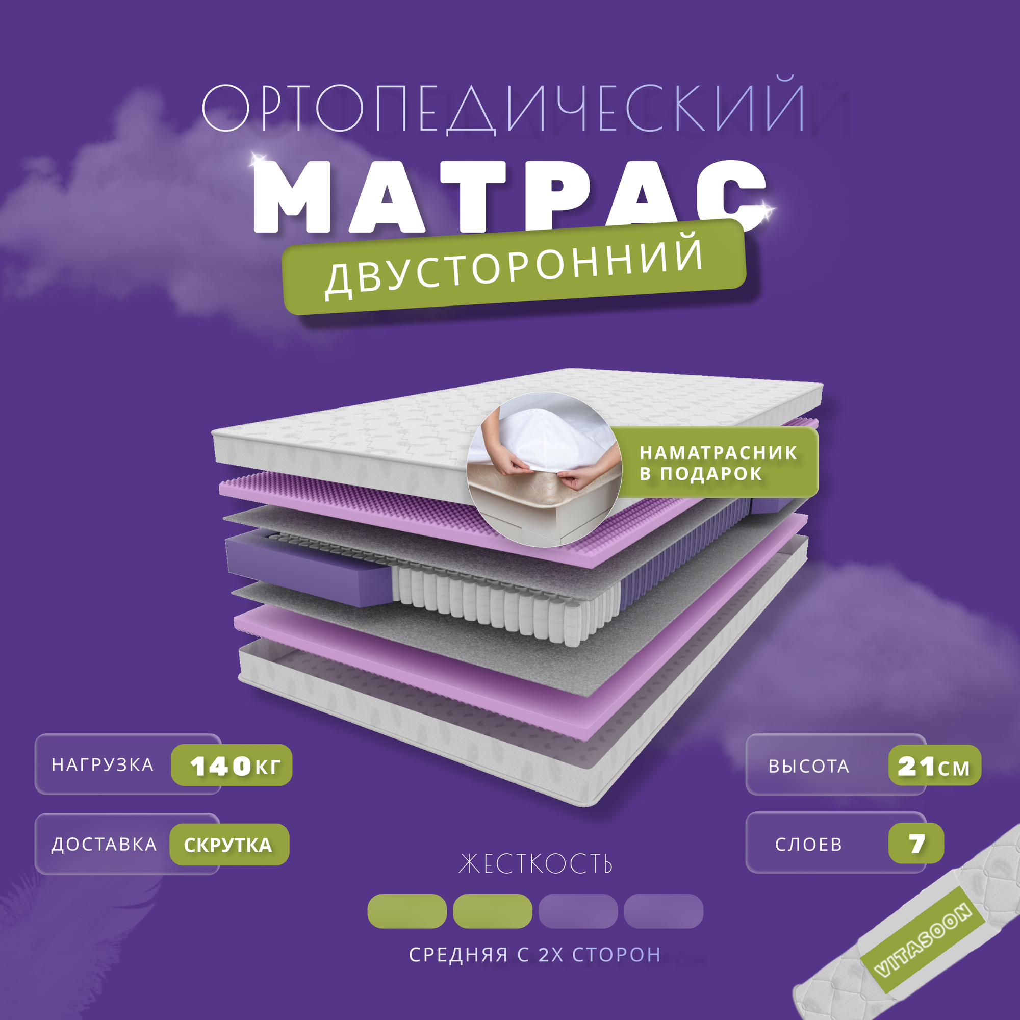 Ортопедический пружинный матрас VitaSoon STRONG Ck 155х200, ППУ, анатомический, средняя жесткость, в скрутке