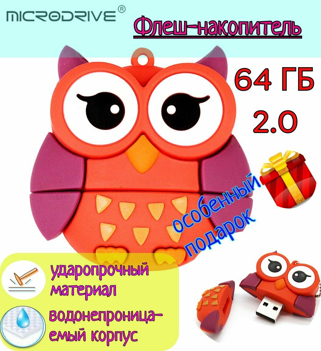 USB флешка Microdrive Флеш-накопитель, детская подарочная карта памяти USB 2.0. 64 Гб Звери Сова