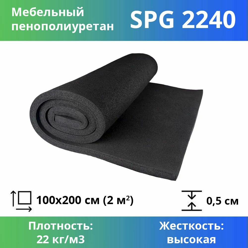 Упаковочный поролон марки SPG2240 5x1000x2000мм, плотность 22 кг/м3, жесткость 40 кПа, цвет черный, плотный пенополиуретан для упаковки и мебели