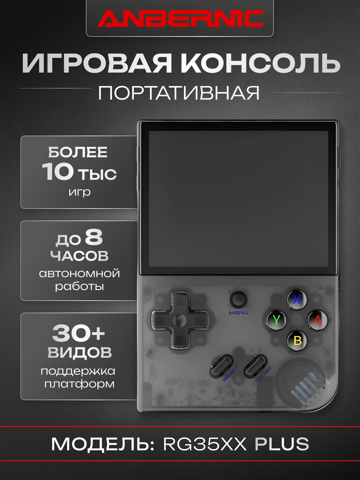 Консоль игровая приставка ANBERNIC RG35XX Plus (2024), 3,5 дюйма, 3300 мА*ч, IPS экран, 5000 игр, 64 Гб, черный