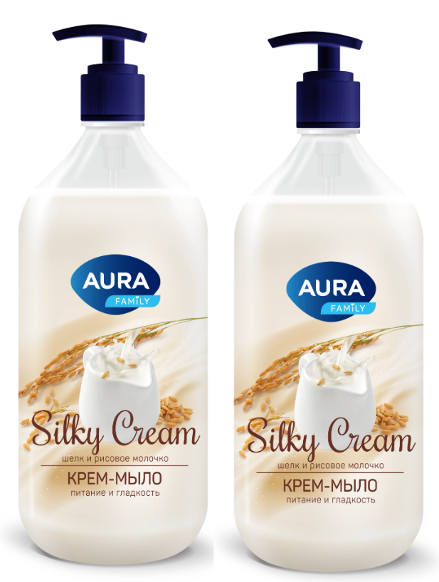 Крем-мыло Aura Silky Cream, шелк и рисовое молочко, флакон, дозатор, 1000 мл. 2 шт.