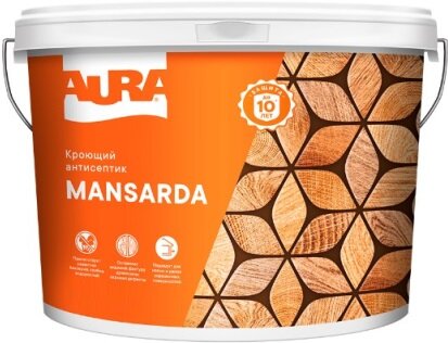 фото Кроющий Антисептик для Древесины Aura Mansarda 0.9л Белый, Колеруемый с Воском / Аура Мансарда.