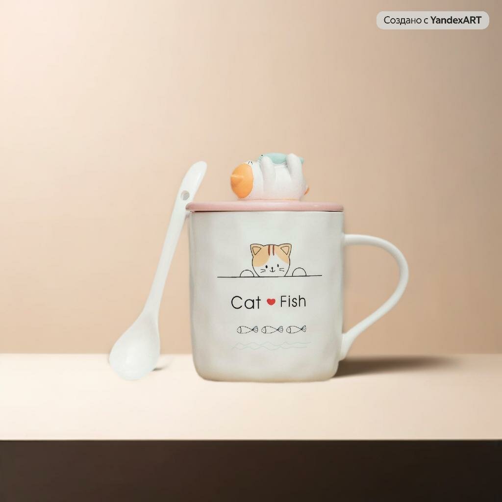 фото Кружка Котик с рыбкой 340 мл Эврика, кружка с крышкой, кружка с ложкой