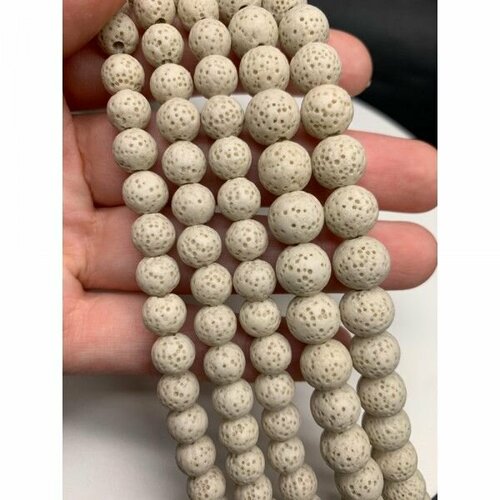 Каменные бусины, вулканическая лава люкс, пористая тонированная, бежевая, шарик гладкий, 10 мм, длина нити 38 см, около 38 бусин