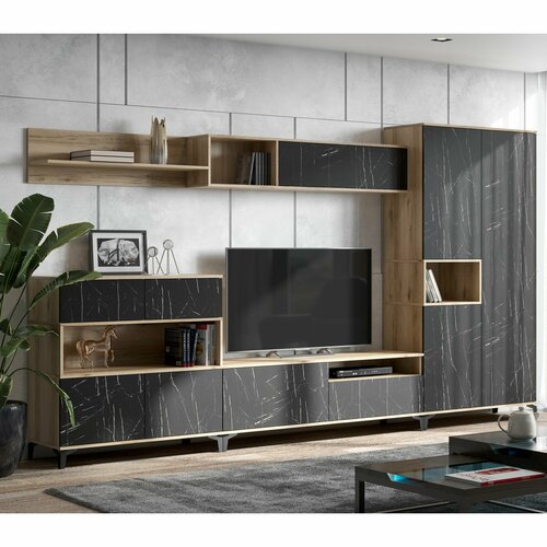 Стенка в гостиную Луксор со шкафом, нишей под ТВ, полками и тумбой от Астрид Мебель, 351х42х197 см, цвет Дуб Делано/Камень Пьетра