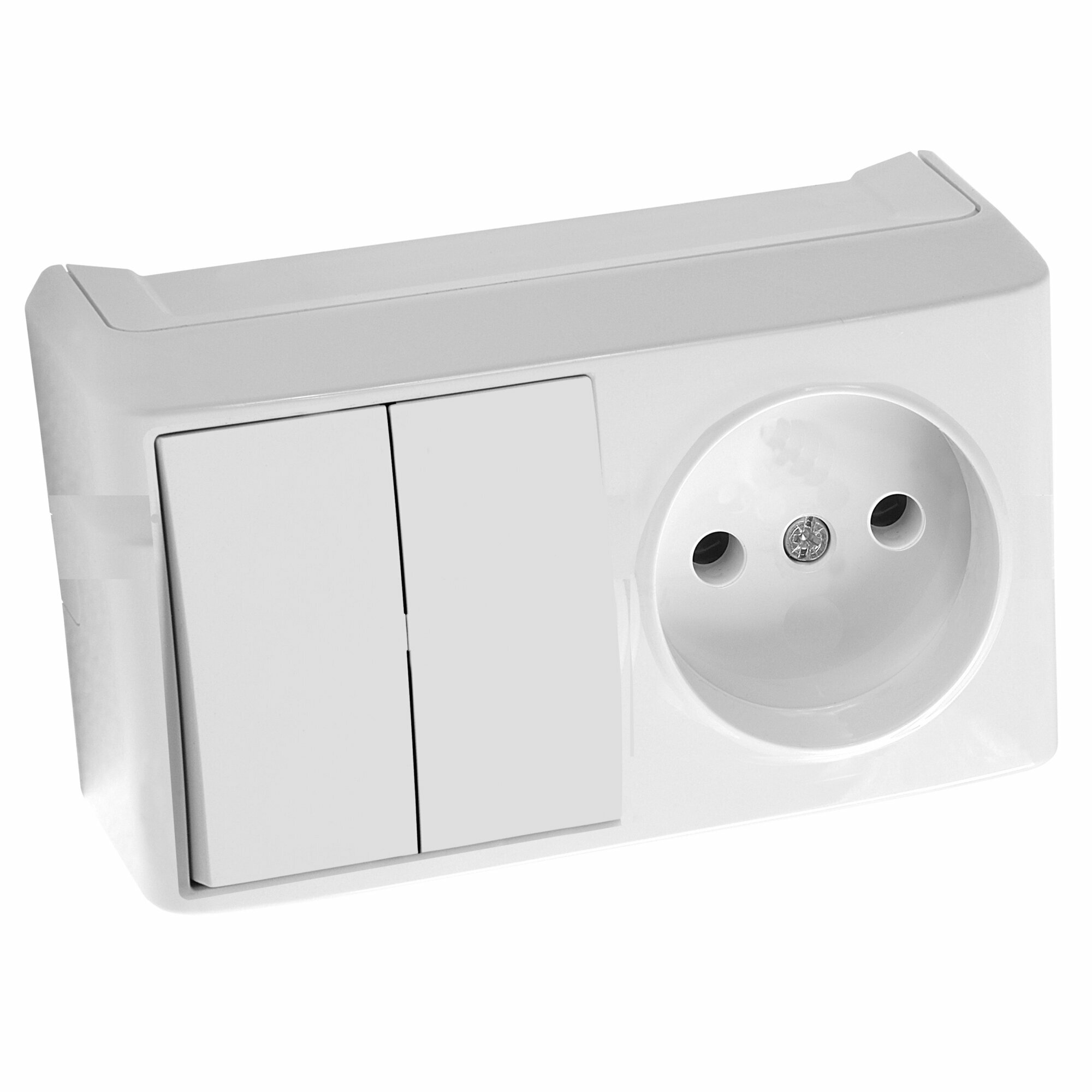 Блок комбинированный Viko двойной выключатель с розеткой белый накладной, 90681189