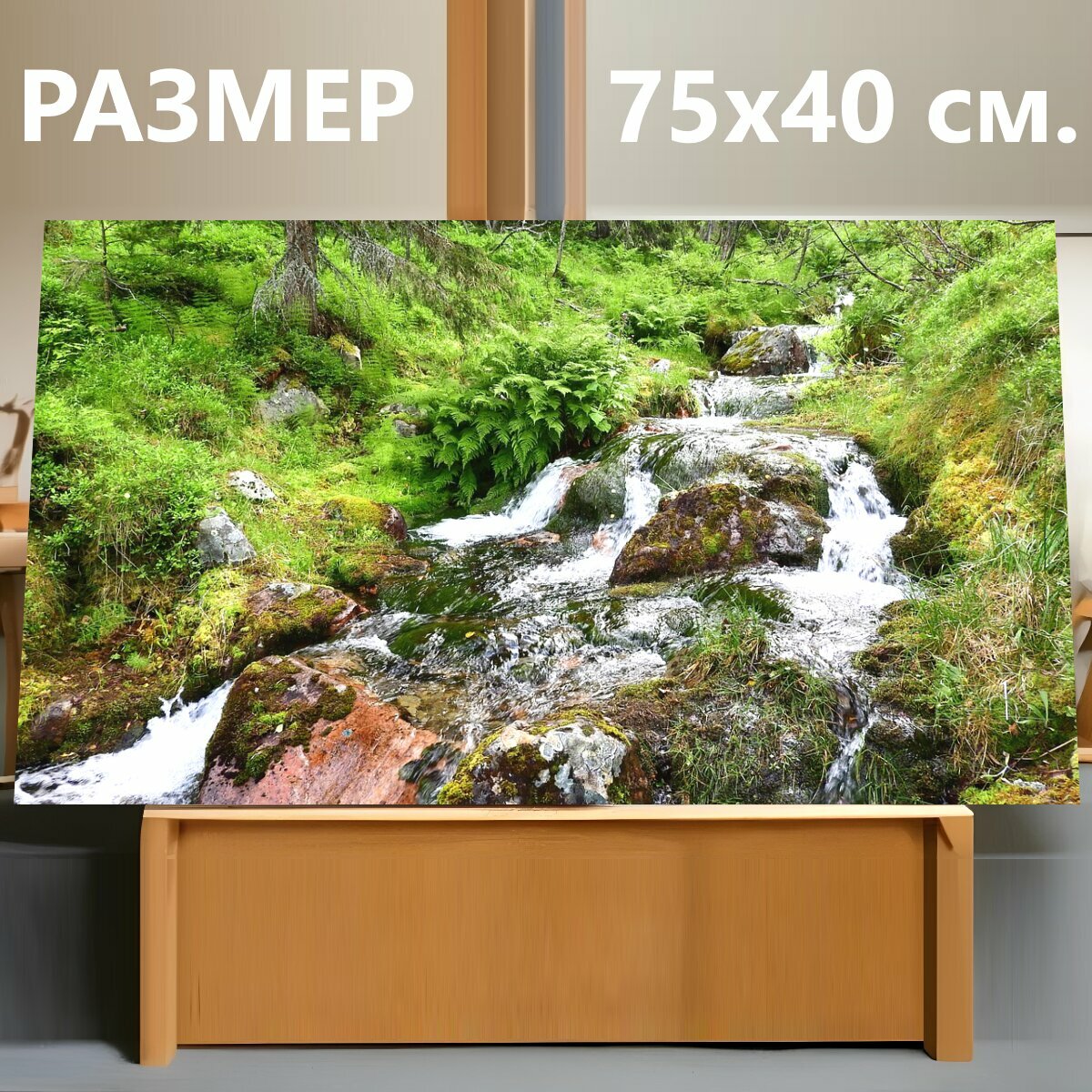 Картина на холсте "Ручей, торрент, гора" на подрамнике 75х40 см. для интерьера