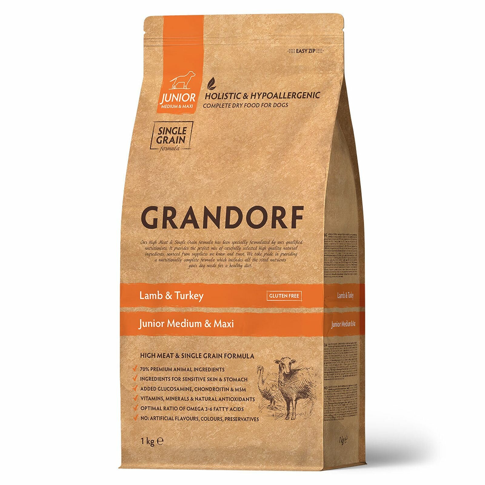 GRANDORF Med&Maxi Junior Lamb/Turkey Корм сух. ягненок индейка д/юниоров средн/круп. пор.1кг