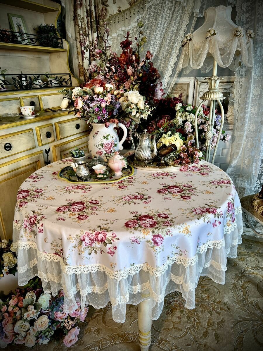 Скатерть Ajourele "Прованс", сатин, с кружевом, ручная работа, 200см