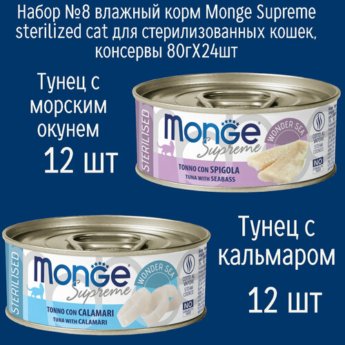 Набор №8 Влажный корм Monge Supreme Sterilised для стерилизованных кошек, консервы 24шт по 80гр (2 вкуса по 12шт)
