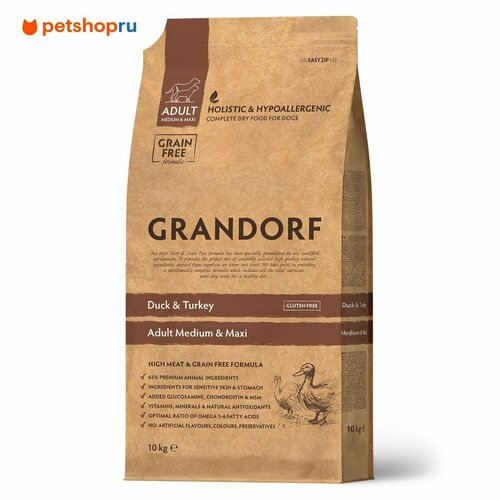 Корм Grandorf утка с индейкой для взрослых собак средних и крупных пород, 10 кг