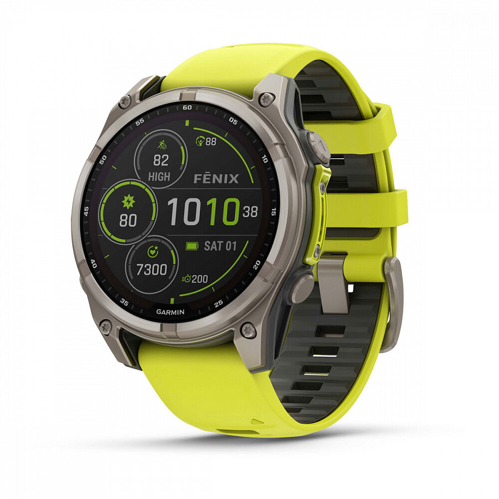 Умные часы Garmin Fenix 8 47 мм Solar, Sapphire, титановый корпус, желтый силиконовый ремешок 010-02906-21