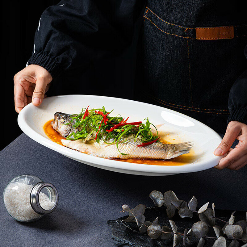 Baijie Ceramic Fish Plate White Porcelain Plate for Steaming Fish 12-Inch Pure White Western-Style Plate Dumpling Plate Suitable for Hotels Commercial And Home Use