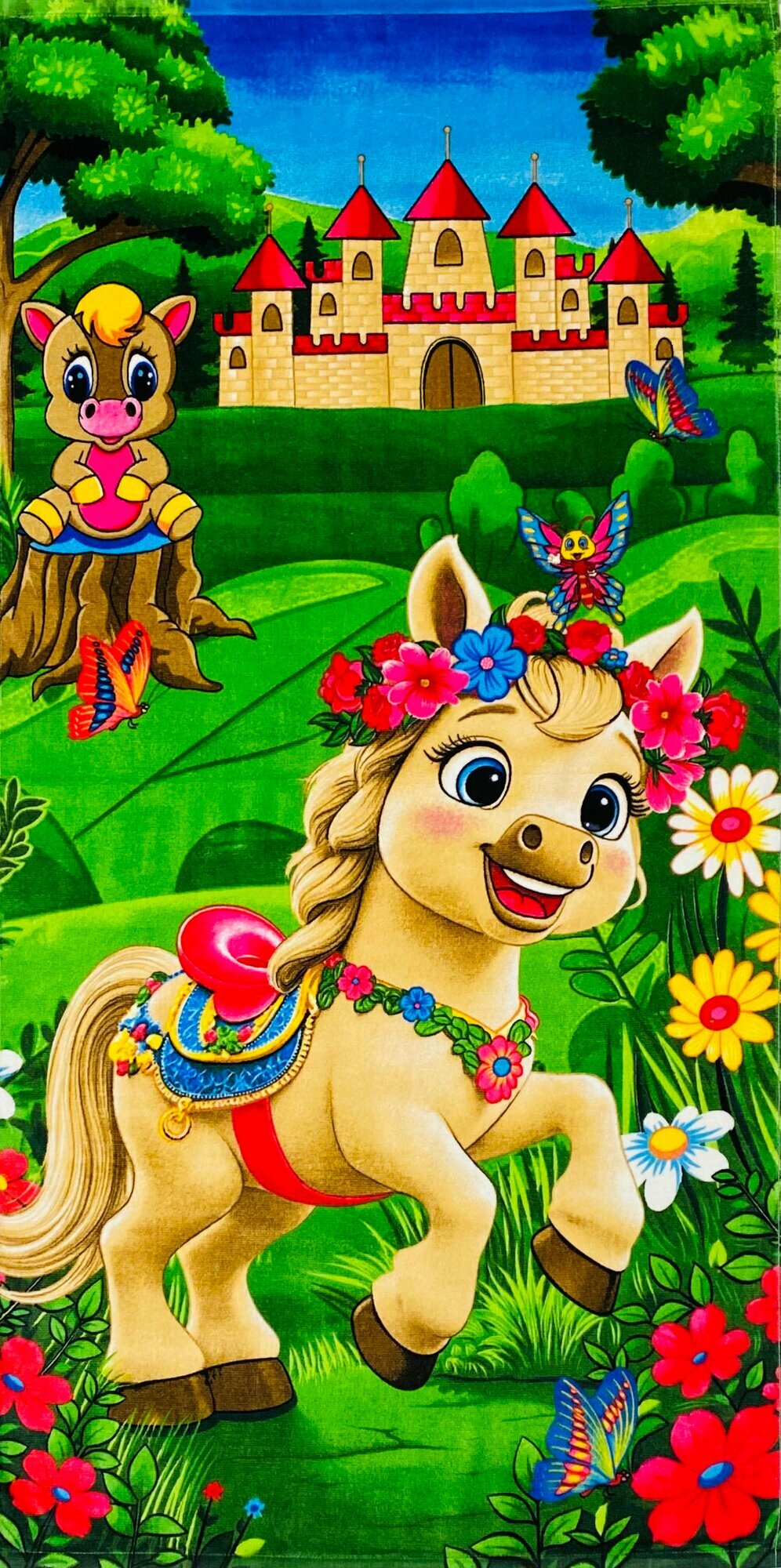 Полотенце пляжное 70*140 см для бассейна, для ванны, для бани и сауны быстросохнущее с символом Нового года Веселая Лошадка