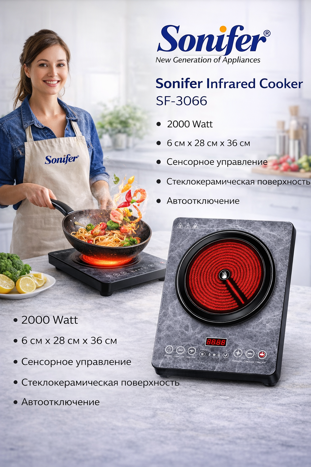 Электрическая настольная плита Sonifer SF-3066, 2000 Вт, сенсорное управление, стеклокерамика