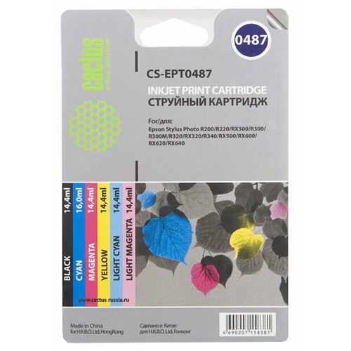 Комплект картриджей cactus CS-EPT0487, 430 стр, многоцветный картридж cactus cs ept0487 t0487 черный голубой пурпурный желтый светло голубой светло пурпурный cs ept0487