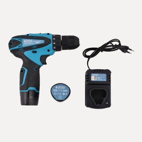 Изображение товара Шуруповерт аккумуляторный 12 вольт 1,5 ампер , 32 Нм, 2 АКБ, набор инструмента