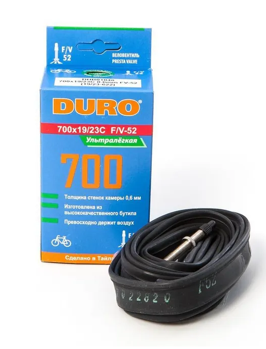 Камера велосипедная Durо, 28" дюймов, велониппель Presto FV, 700 х 19/23С (ультра легкая, 74 гр, 0,6 мм) BHD01048