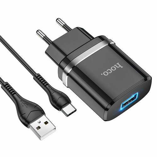 Сетевое зарядное устройство HOCO N1 Ardent 1xUSB с Кабелем USB - Type-C, 2.4A, 10.8W, черный сетевое зарядное устройство hoco n1 ardent 1xusb с кабелем usb type c 2 4a 10 8w черный