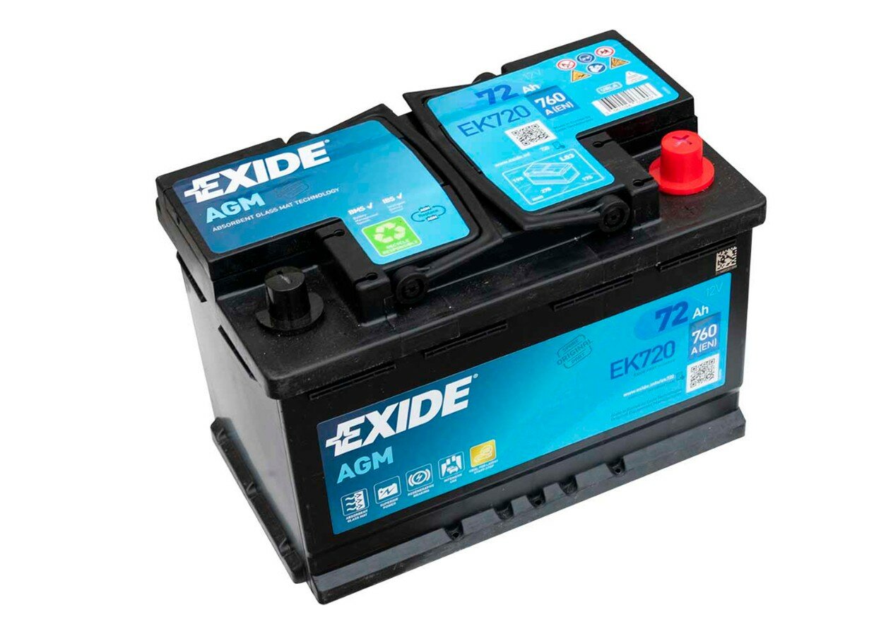 Аккумулятор автомобильный EXIDE AGM EK720 72Ah 760A обратная полярность (278х175х190)