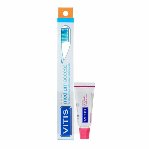 Щётка зубная в твердой упаковке Vitis Medium Access + Зубная паста Vitis Gingival 15 мл