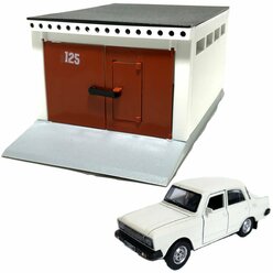 Гараж с распашными воротами и металлическая машинка модель Москвич-2140sl (инерция, 2 откр. двери и багажник) - белый