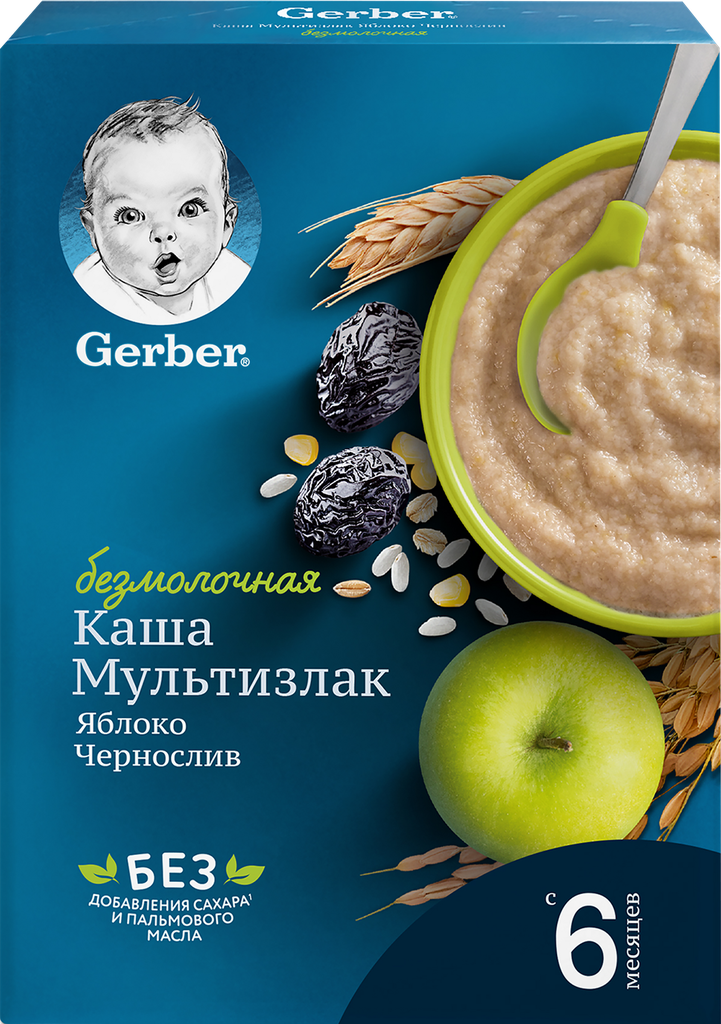 Каша мультизлаковая GERBER безмолочная, с яблоком и черносливом, с 6 месяцев, 180г