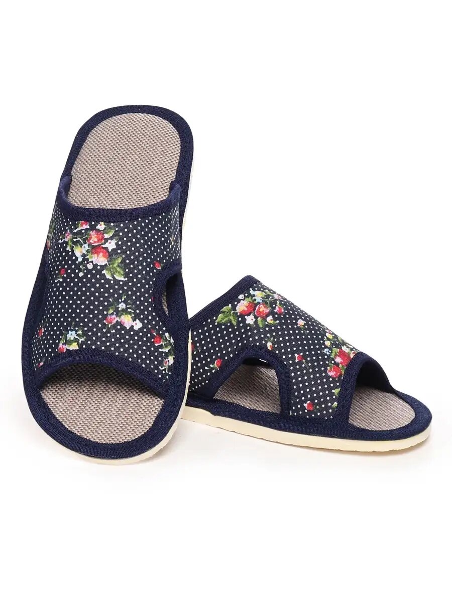 фото Женские домашние тапочки "Lepilov", открытые, на текстильной стельке. Размер 39. Синий горох, цветы.