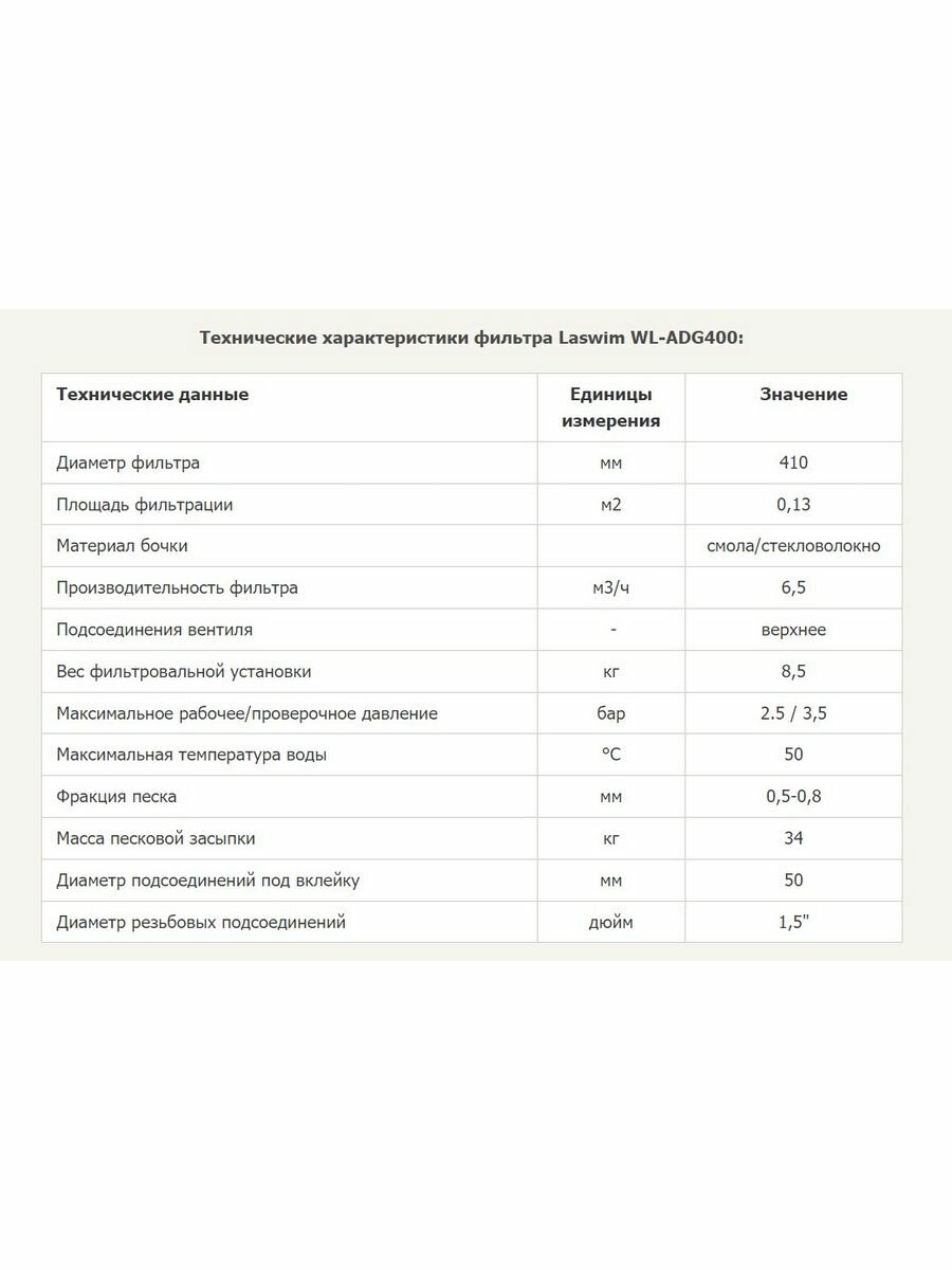 Фильтр песочный Laswim WL-ADG400 (410 мм, 6,5 м3/ч, с 6-п вентилем 1 1/2"), стекловолокно - фотография № 3