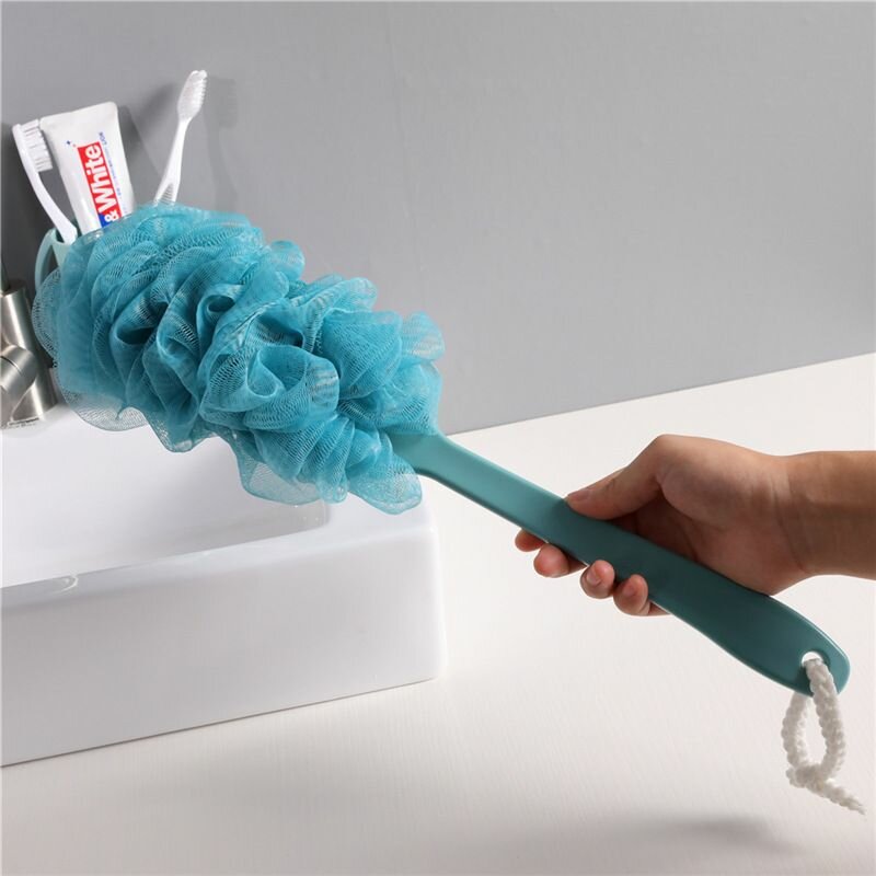 фото Мочалка нейлоновая на пластиковой ручке с подвесом, цвет синий