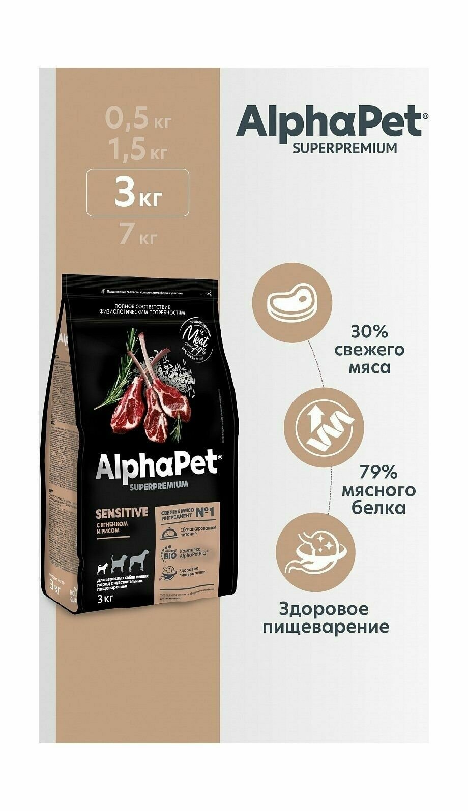 AlphaPet Superpremium - Сухой корм для собак мелких пород с чувствительным пищеварением, с Ягненком и Рисом (3 кг)