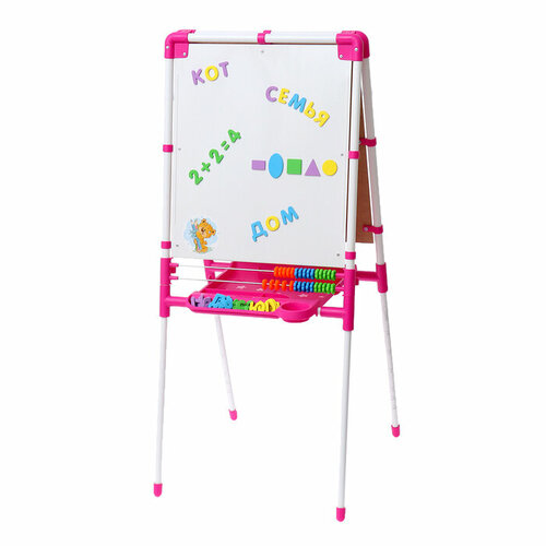 двусторонний деревянный детский мольберт 74см 36x43 магнитно маркерный меловая для рисования Мольберт детский двусторонний «Доска знаний», регулируется по высоте, + учебные принадлежности, цвет розовый
