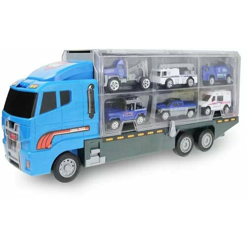 Игровой набор 2в1 Автовоз/трейлер-кейс (35см) с 6 металлическими машинками 1:64 TN-1086 набор welly 1 64 грузовик scania v8 r730 с тремя легковыми машинками