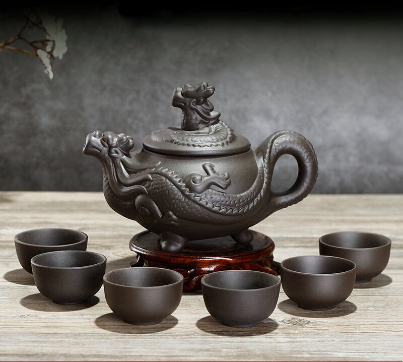 Чайный набор "Дракон" из 1 чайника (325 мл) и 6 чашек, ручная работа из Исинской фиолетовой глины