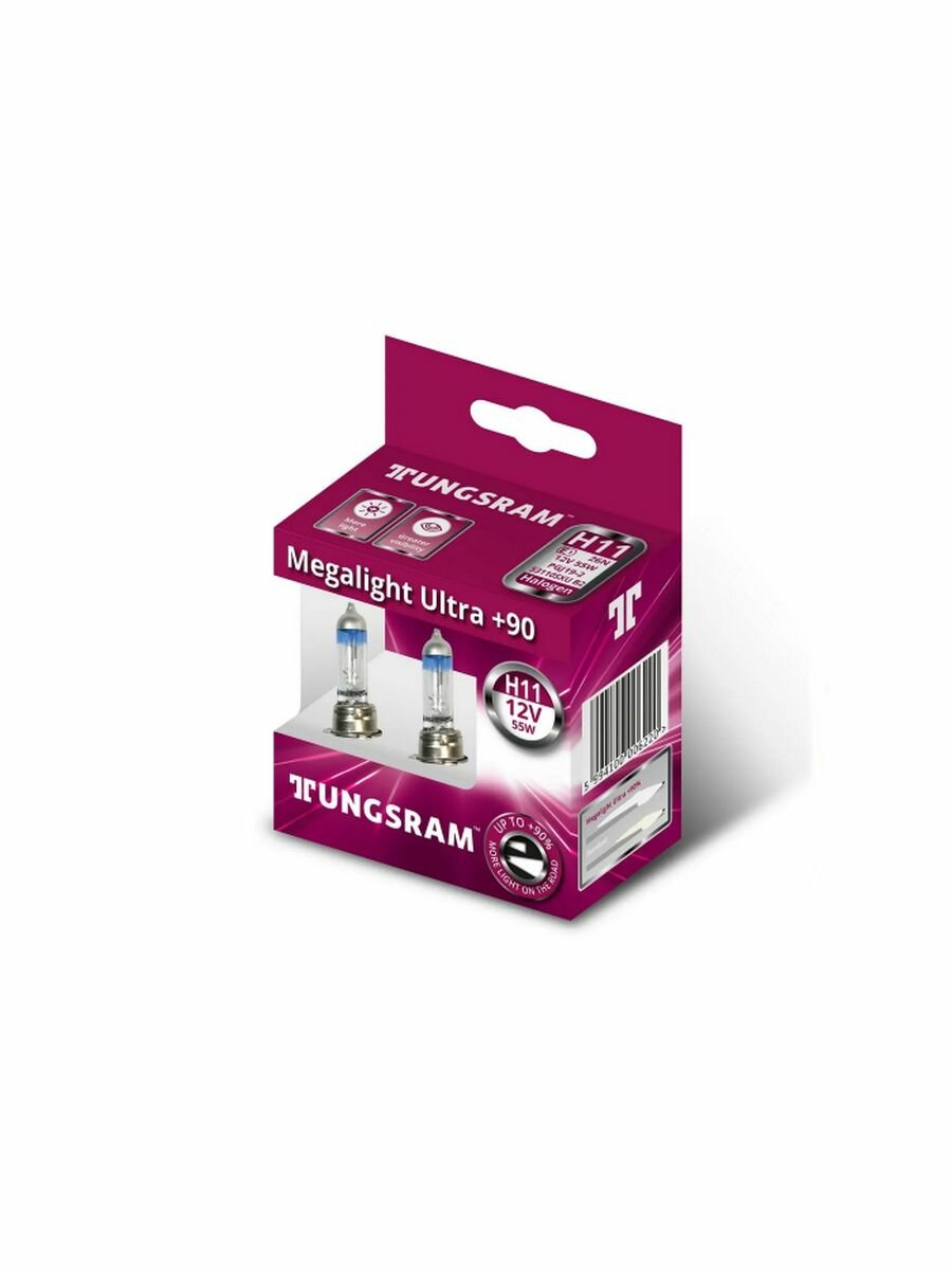 Лампа TUNGSRAM H11 12V-55W (PGJ19-2) Megalight Ultra +90 2шт