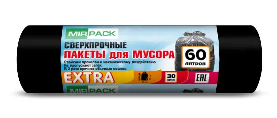 Мешки для мусора MIRPACK Extra сверхпрочные 60 л, 30 шт, черный