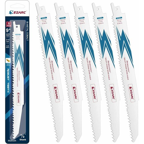Кобальтовые полотна по древесине с гвоздями, металлу и дереву 5/8TPI 225мм EZARC для сабельной пилы 5шт