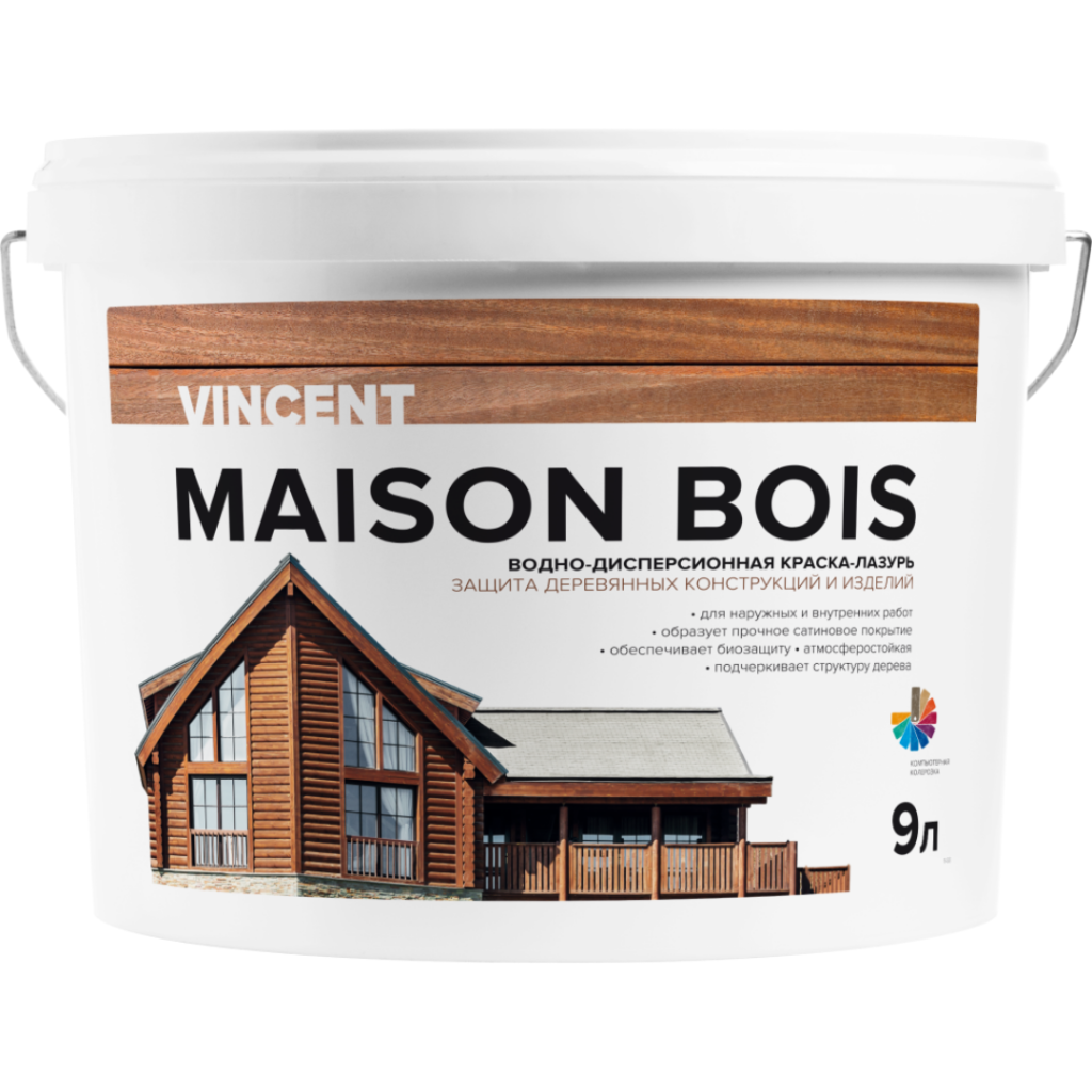 Краска-лазурь Vincent Maison Bois кроющая водно-дисперсионная для защиты 9л База C (насыщенные тона)