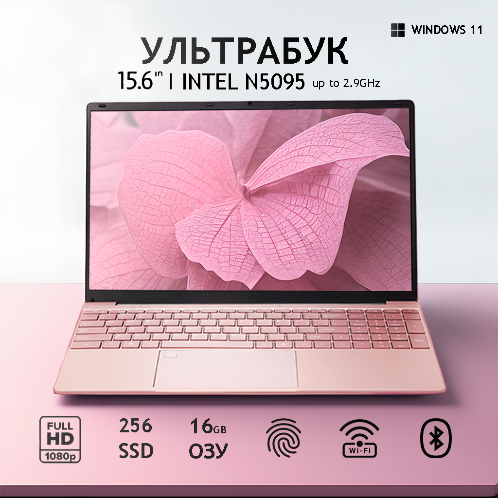 Ноутбук 15.6", Intel Celeron N5095 (2.9 ГГц), RAM 16 ГБ, SSD 256 ГБ, Intel UHD Graphics, Windows 11 Pro, Розовый, Русская раскладка
