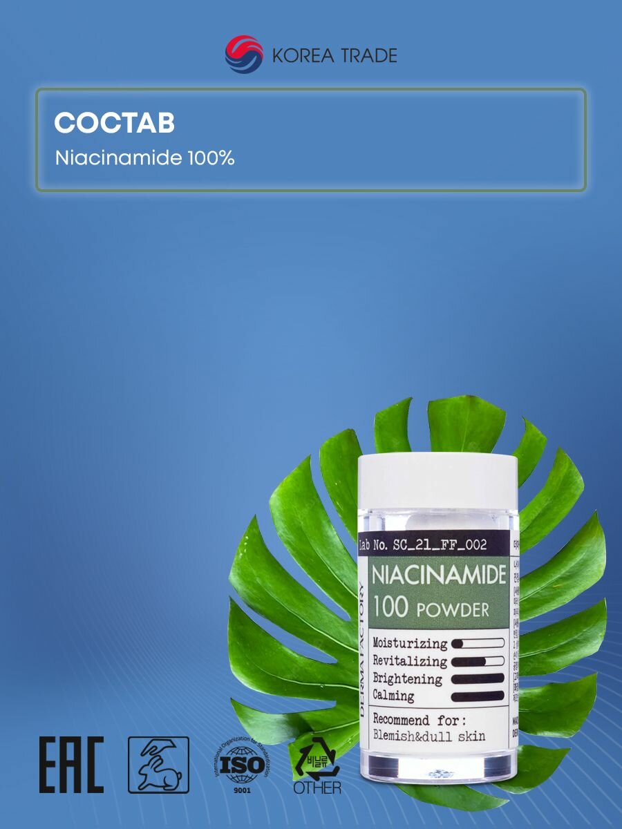Derma Factory Niacinamide 100 Powder Косметический порошок ниацинамида для ухода за кожей 9мл — фото 1