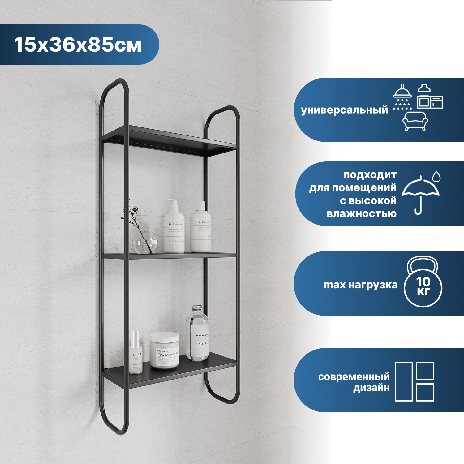 фото Полка для ванны Ulitka Bruno, 15х36х85см, черная металлическая