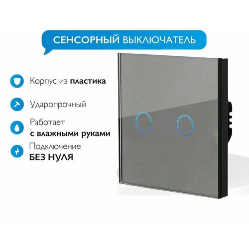 Выключатель сенсорный, закаленная стеклянная панель, серый, два поста.