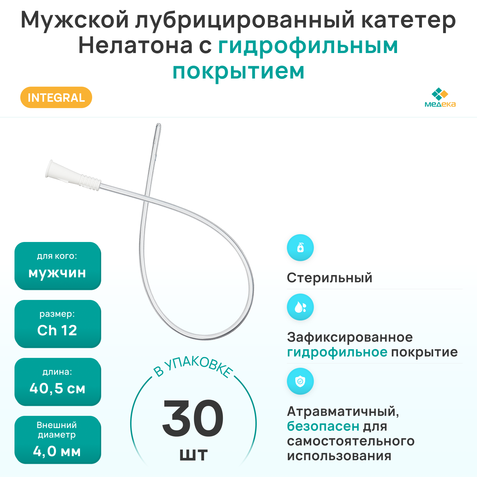 НМ12 Интеграл (Integral) Лубрицированный катетер с гидрофильным покрытием, тип Нелатон, мужской, Ch12, (30 шт.)