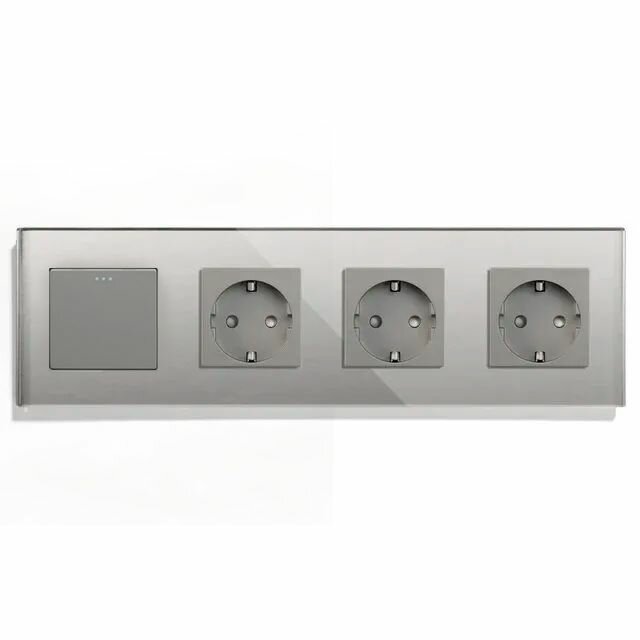 Выключатель с розеткой, 1 клавиша 3 розетки, 4 поста (M1+3F) рамка стекло 299х86мм цвет серый