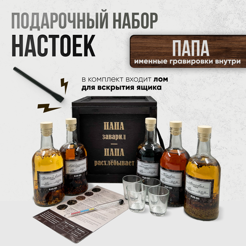 Подарочный набор настоек именной / Подарок мужчине в деревянном ящике с ломом / анисовая, кедровка, пряный виски, коньяк по-латгальски, бородинская для самогона Папе