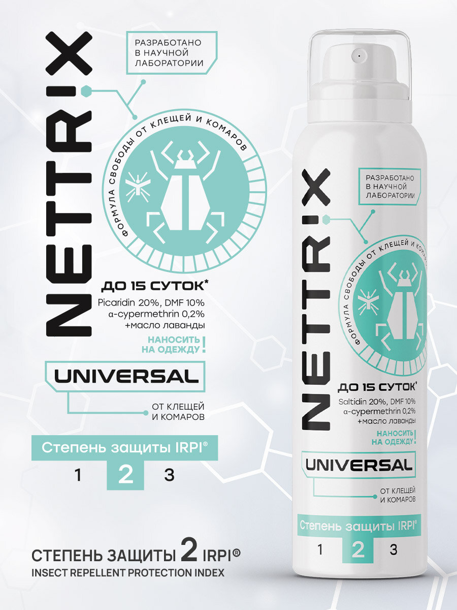 Изображение Аэрозоль для защиты от клещей и коморов Nettrix Universal, до 15 суток, для отдыха на природе, 150 мл.