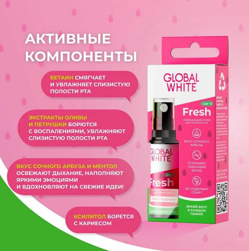 Картинки GLOBAL WHITE Спрей для полости рта Fresh со вкусом арбуза освежающий, 15 мл